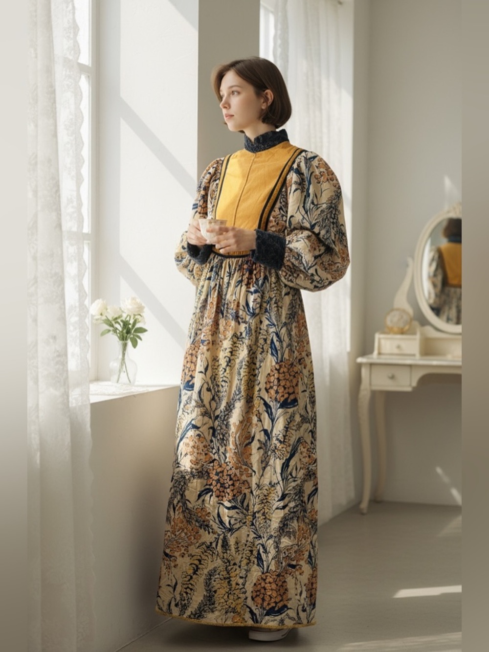 Vintage 70s Rumak + Sample London Floral Prairie Dress Bishop Sleeves & Folk Bib